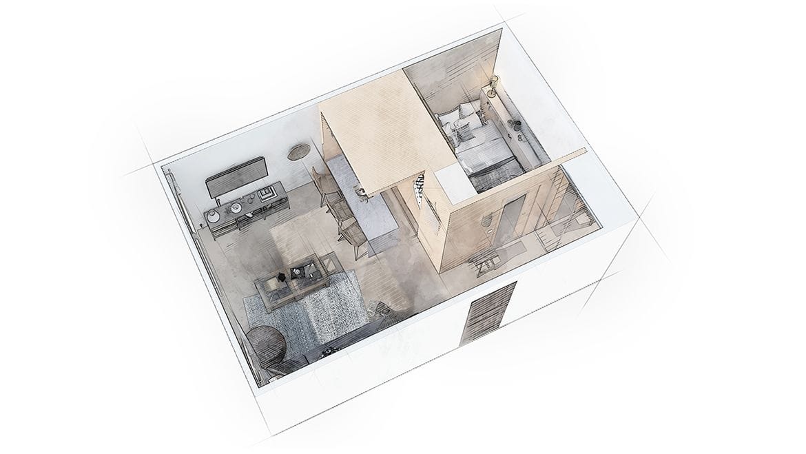 Salon avec chambre, vue générale