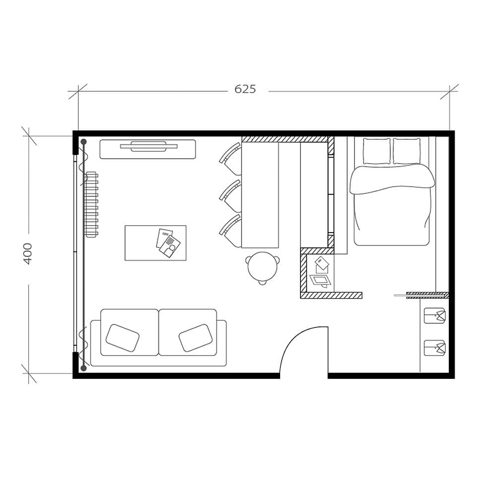 Salon avec chambre, plan après