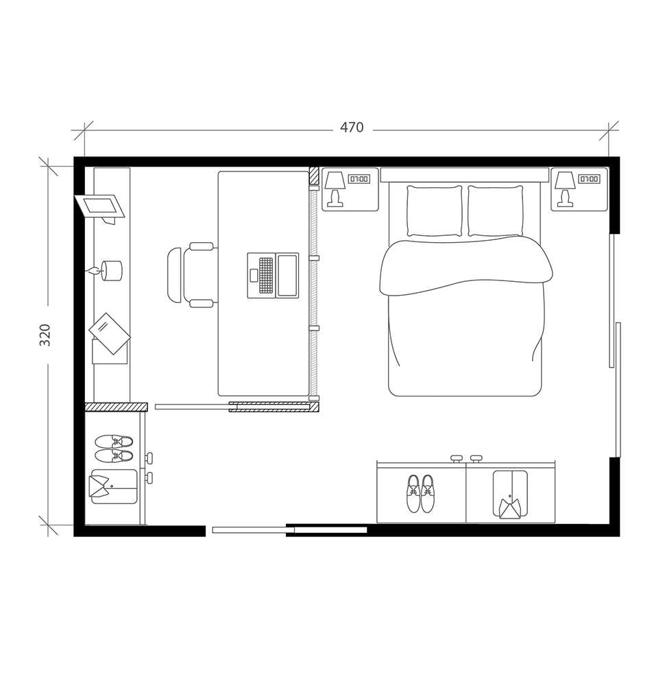 Chambre bureau, plan après