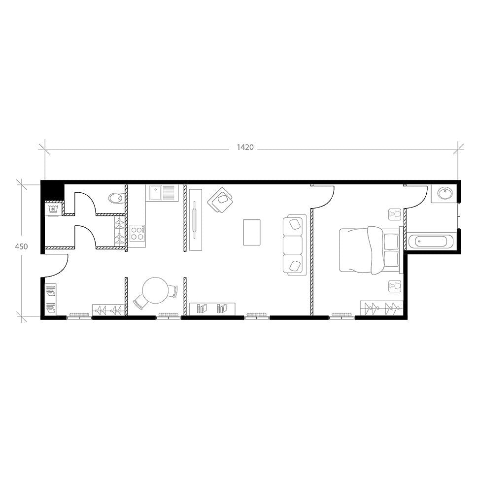 Aménagement d'un appartement en longueur, plan avant