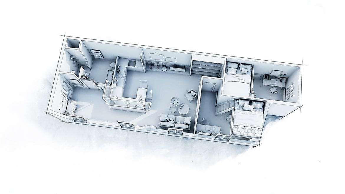 Aménagement d'un appartement en longueur, vue générale après