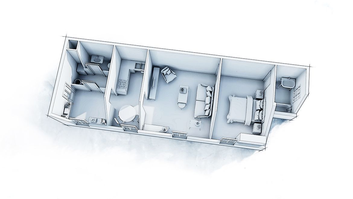 Aménagement d'un appartement en longueur, vue générale avant