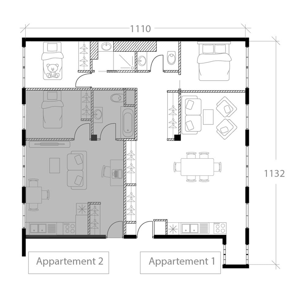 Aménagement de 2 appartements réunis, plan avant