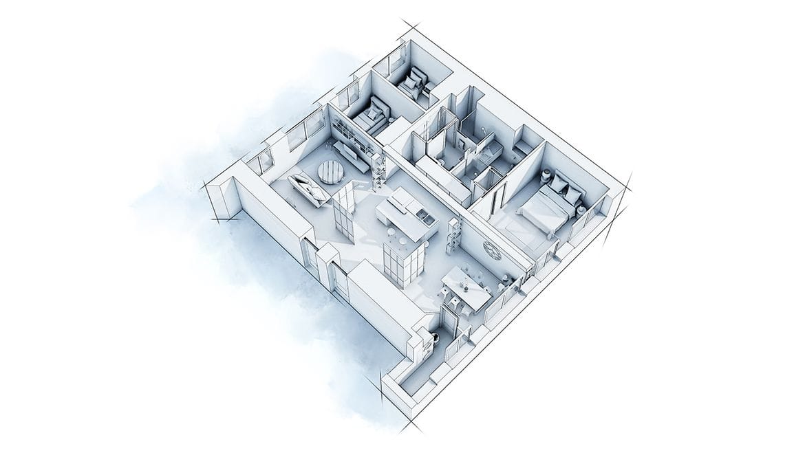 Aménagement de 2 appartements réunis, vue générale après