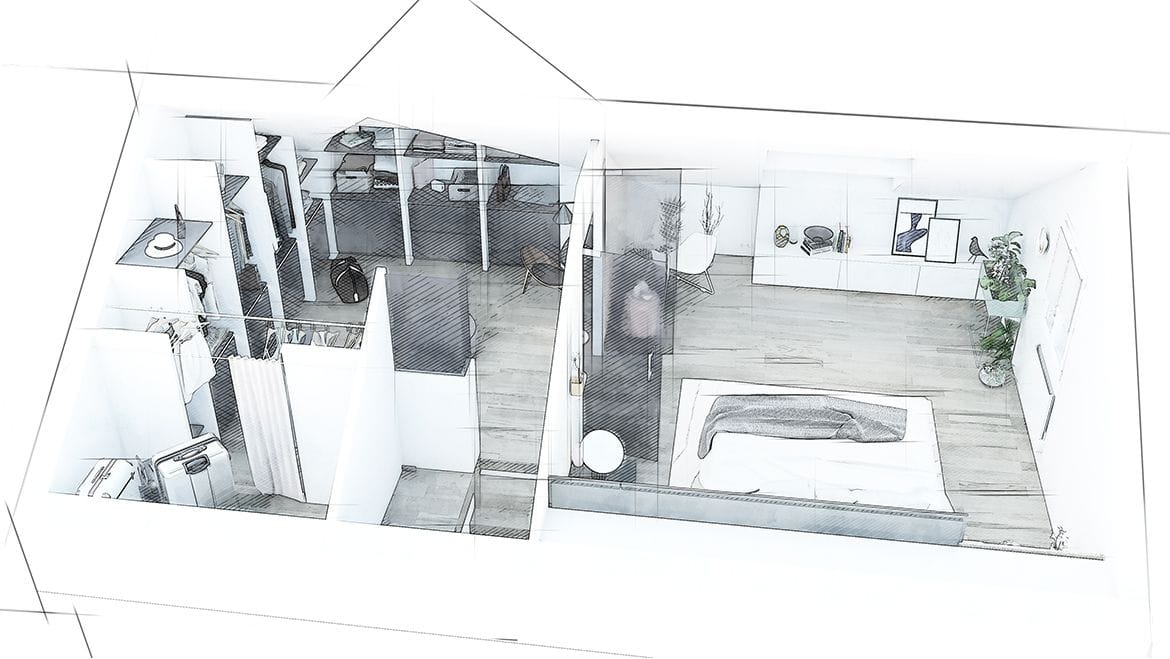 Chambre moderne sous les toits, vue générale