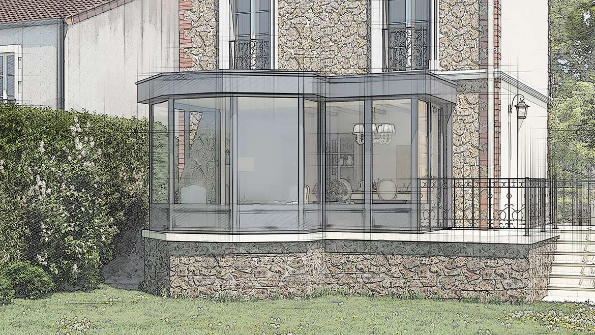 Véranda à toiture plate, vue générale