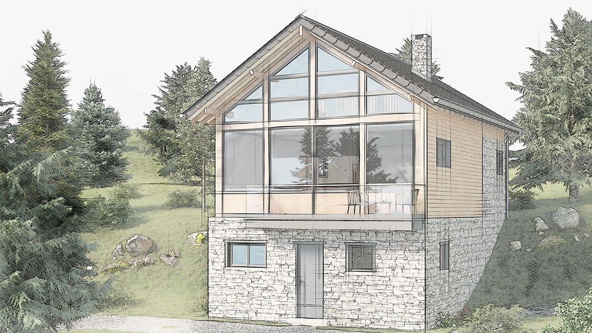 Façade de chalet alpin, vue générale
