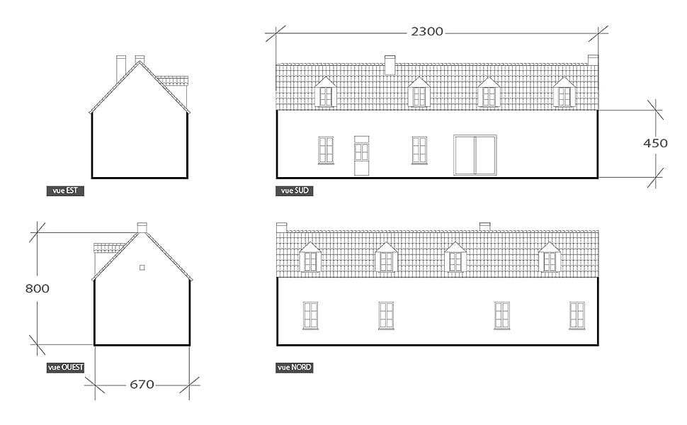 Façade d'une longère normande, plan