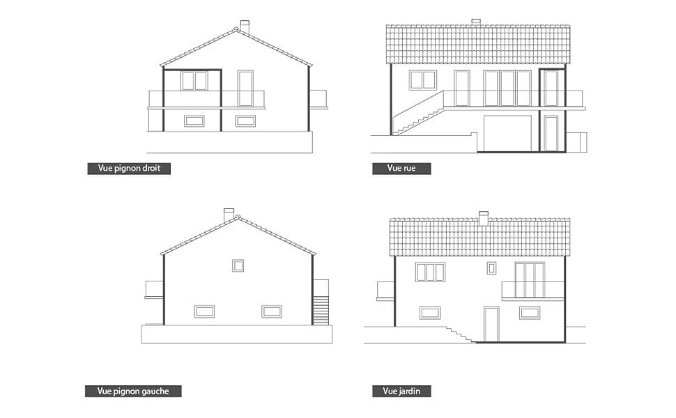 Façade de maison des années 70, plan