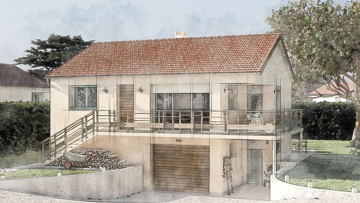 Façade de maison des années 70, vue générale