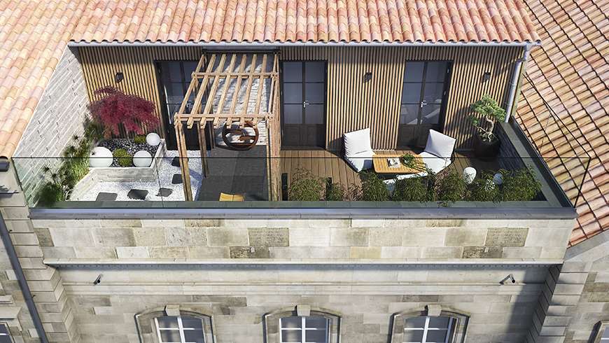 Jardin zen sur une terrasse, vue après