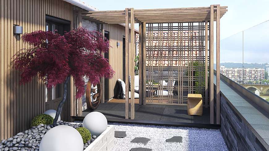 Un jardin zen sur une terrasse