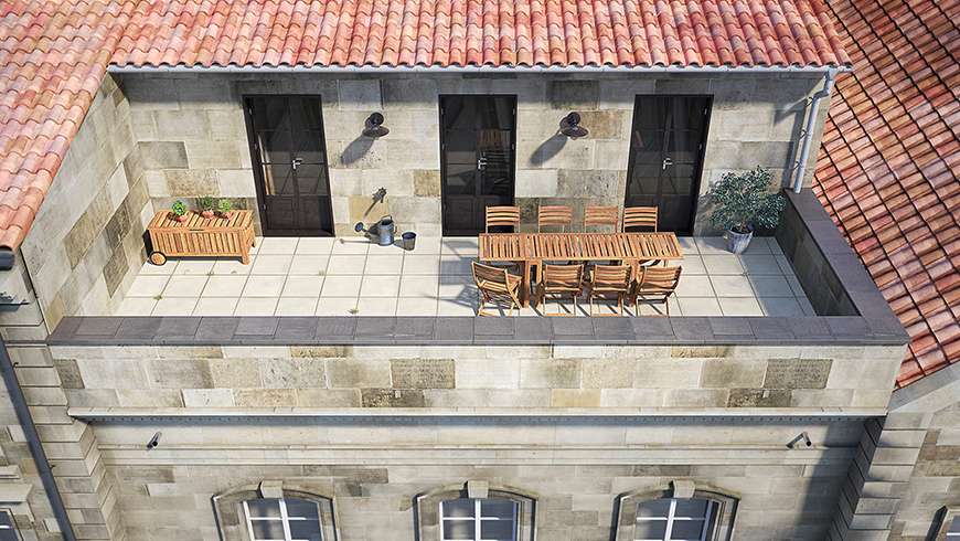 Jardin zen sur une terrasse, vue avant