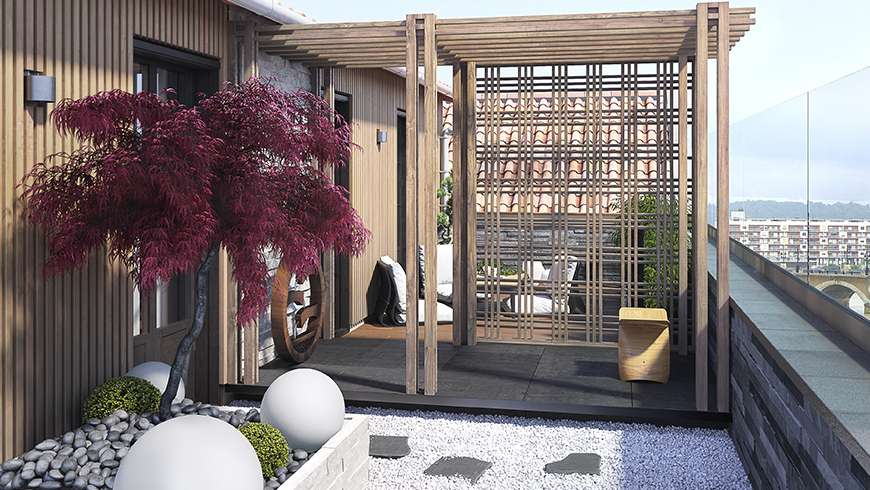Un jardin zen sur une terrasse