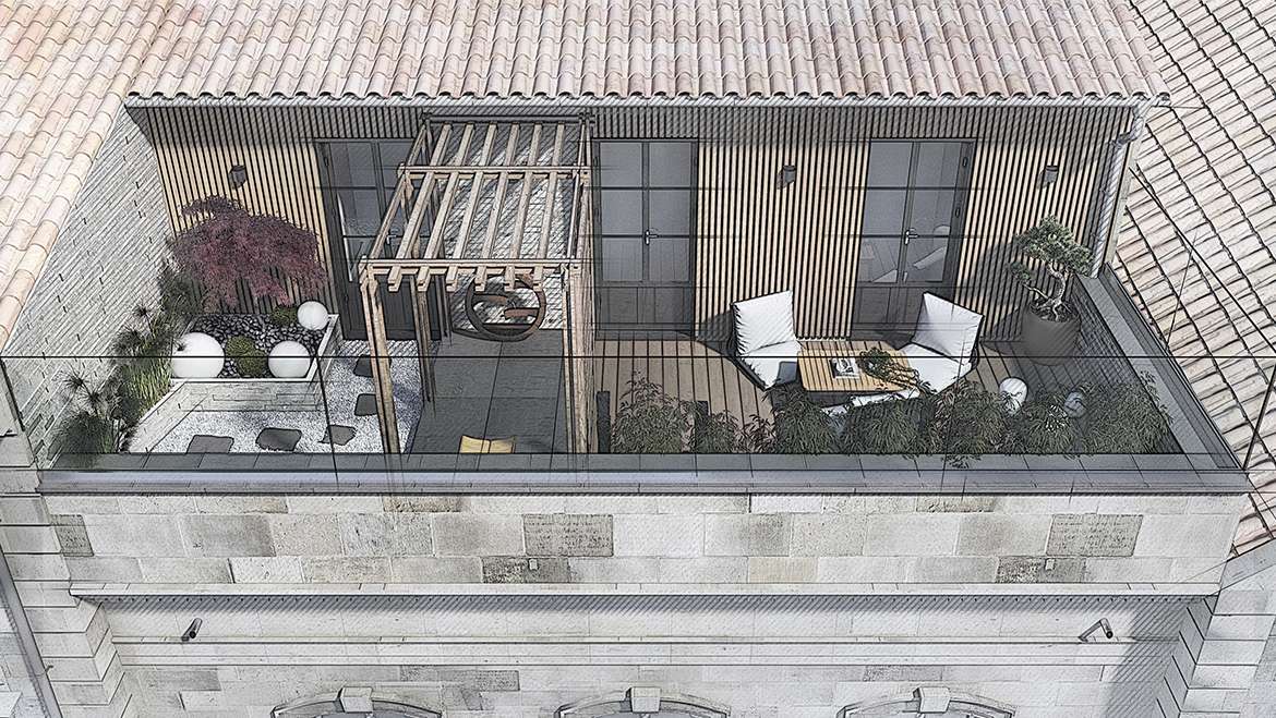 Jardin zen sur une terrasse, vue générale
