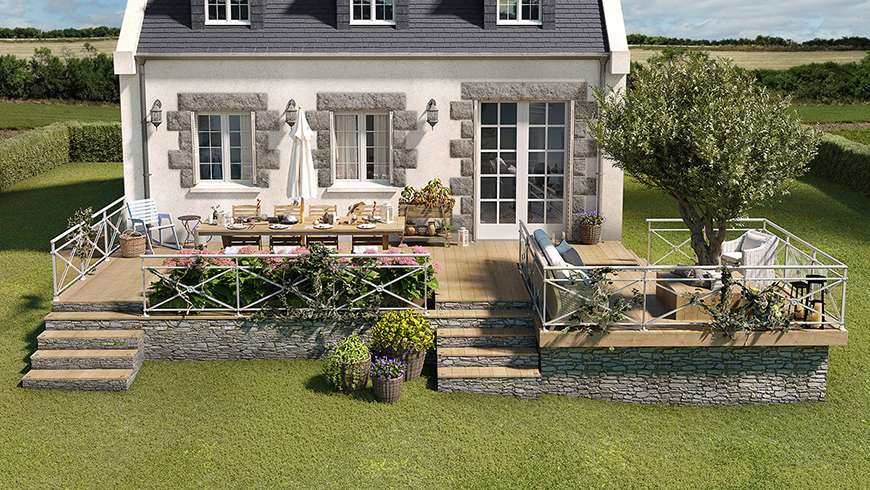 Une terrasse bois sur un terrain en pente