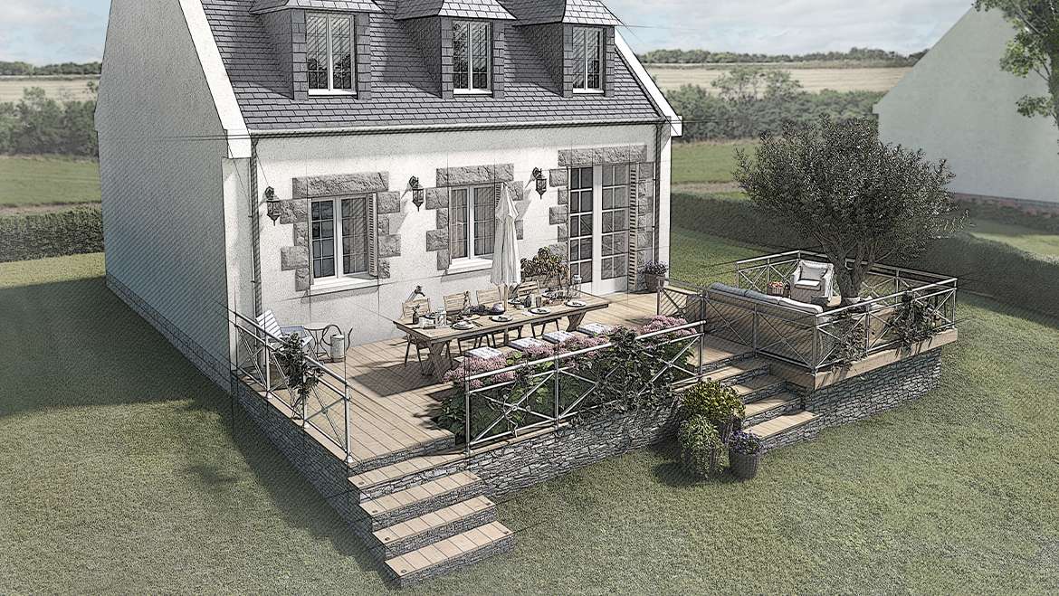 Terrasse bois sur un terrain en pente, vue générale