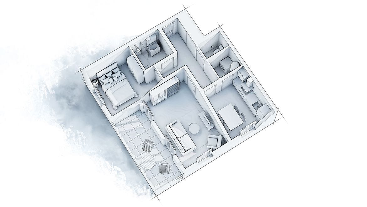 Agencement appartement 45 m², vue générale avant