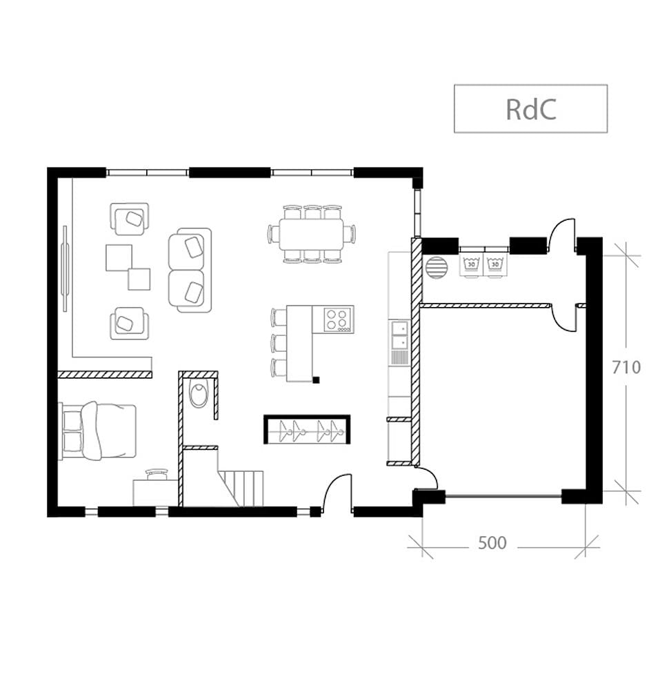 Garage aménagé en local professionnel, plan avant