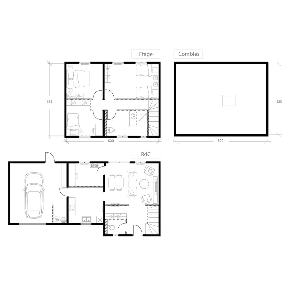 Grenier aménagé, plan avant