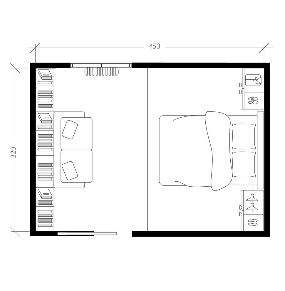 Chambre d'adulte avec coin lecture, plan après