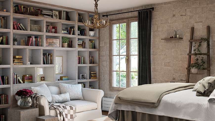 Une chambre d'adulte avec coin lecture