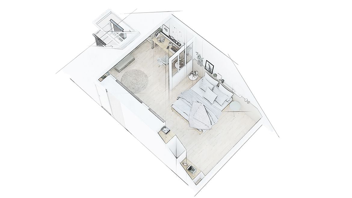 Chambre scandinave sous les toits, vue générale