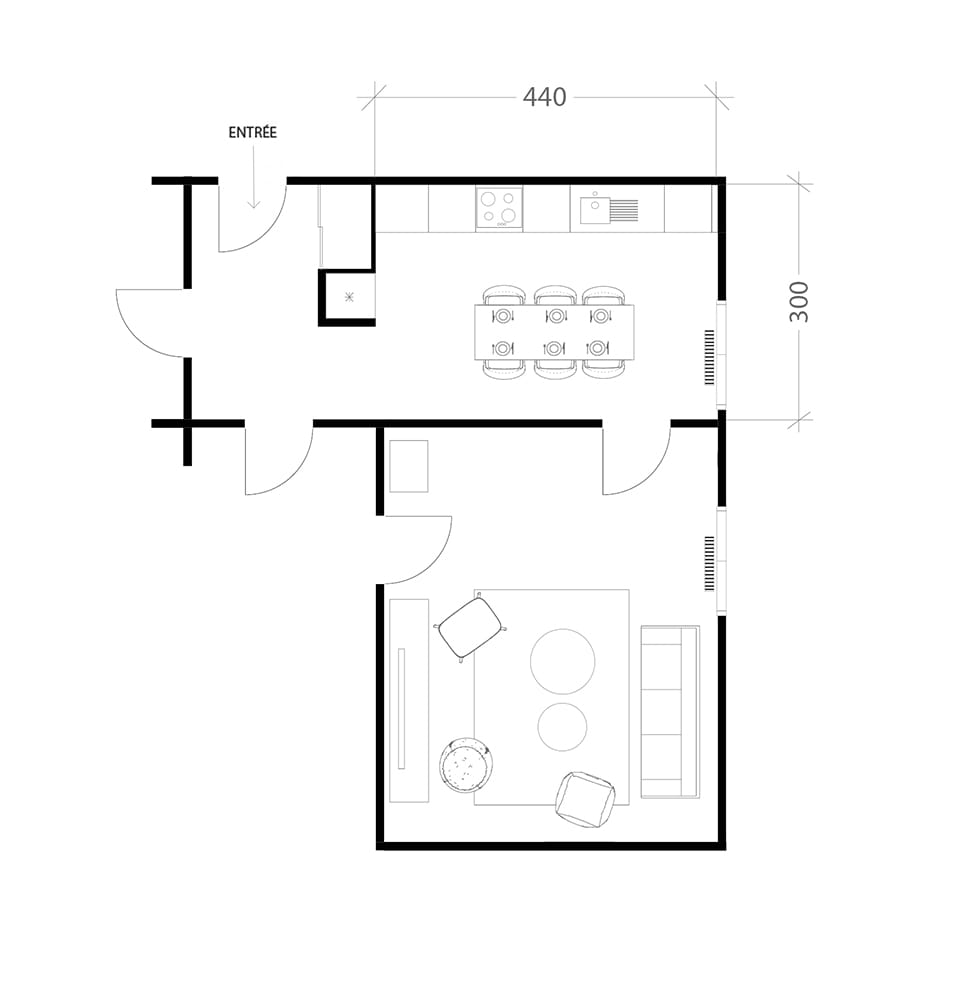 Cuisine familiale de 15m², plan avant