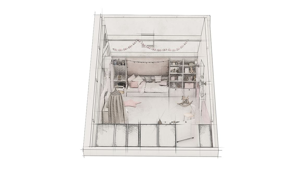 Chambre et salle de jeu pour fille, vue générale