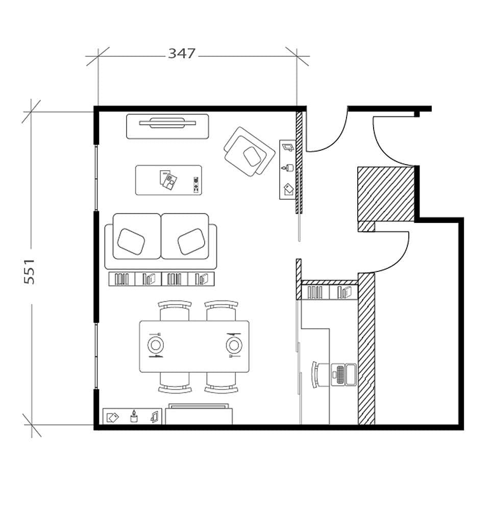 Salon industriel, plan après