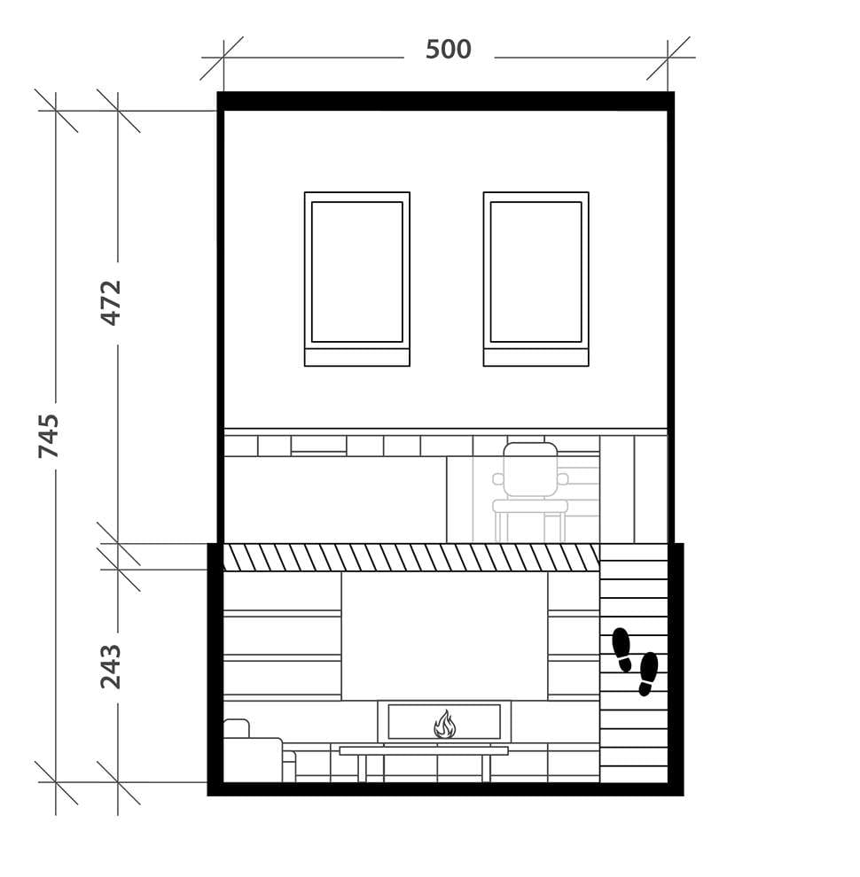 Bureau en mezzanine dans un salon, plan