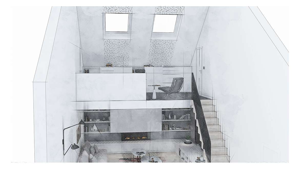 Bureau en mezzanine dans un salon, vue générale