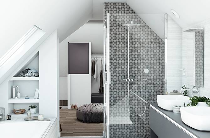 Une salle de bain familiale de 12 m², avec double vasque, douche et baignoire.