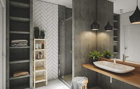 Salle de bain grise et blanche rehaussée de bois