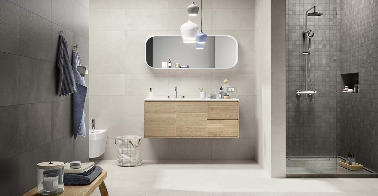 Salle de bain grise et beige, chic et douce