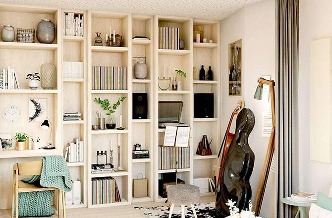 Bibliothèque asymétrique qui dévie les sons 