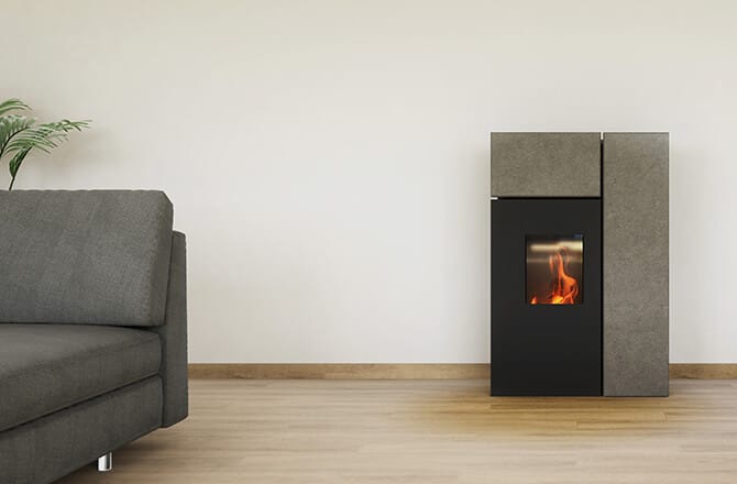 Poêle à granulé design en fonte et pierre
