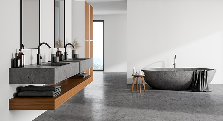 Béton décoration : lavabo, sol et baignoire en beton