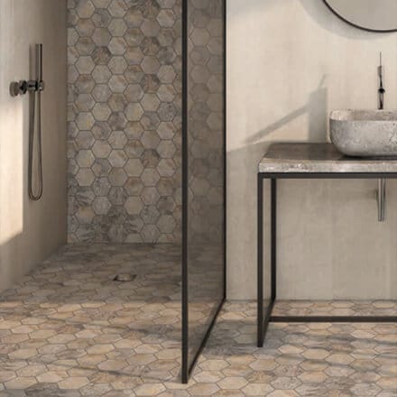 Douche italienne mosaïque pierre hexagolane