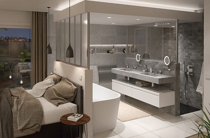 Salle de bain ouverte et muret