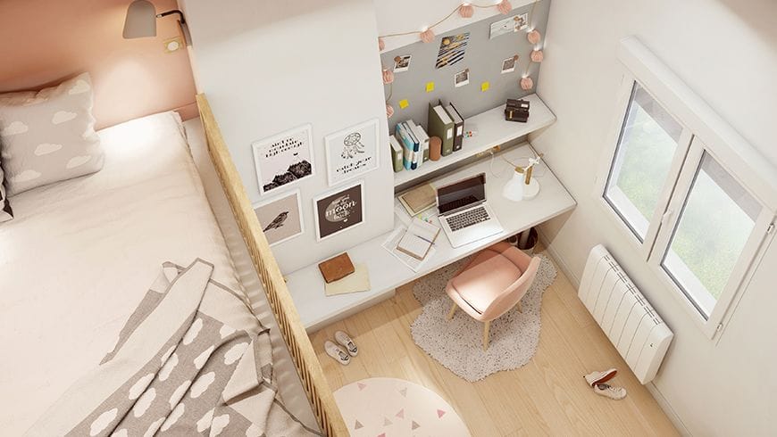 Une chambre d'adolescente aux tons pastels avec un parquet clair