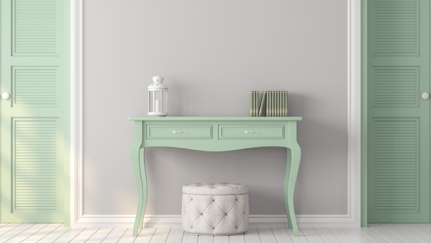 Une entrée lumineuse vert pastel, gris et blanc