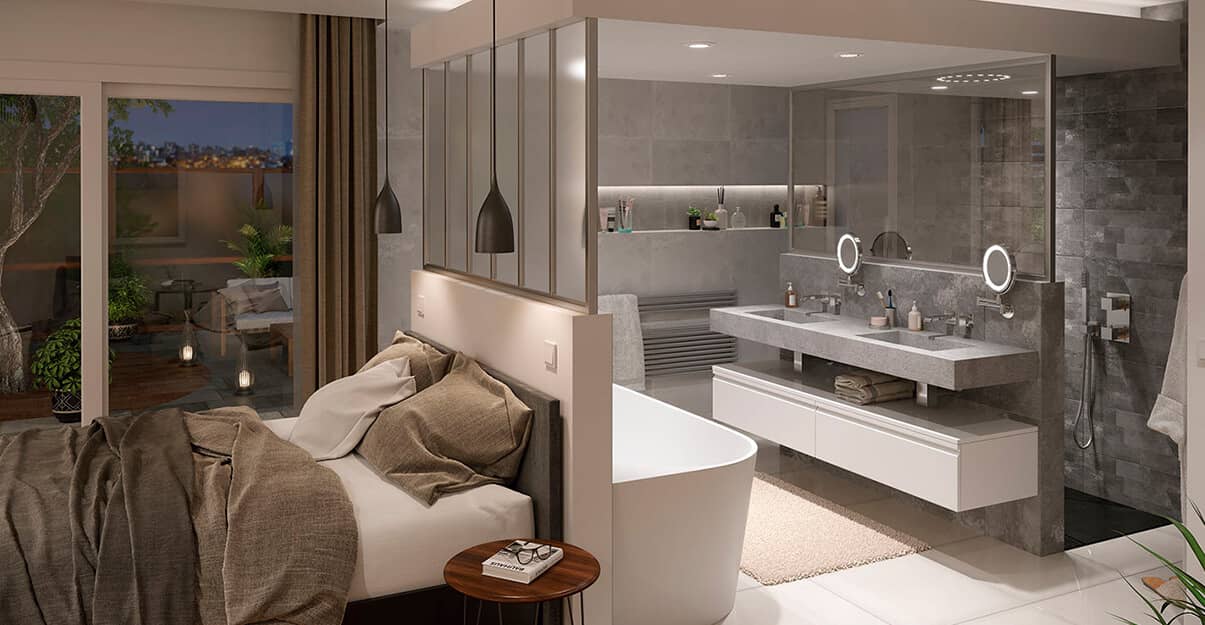 Une salle de bains contemporaine avec cloisons et parois en verre