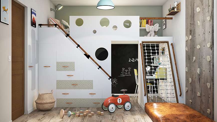 Chambre enfant vintage rangements escaliers intégrés