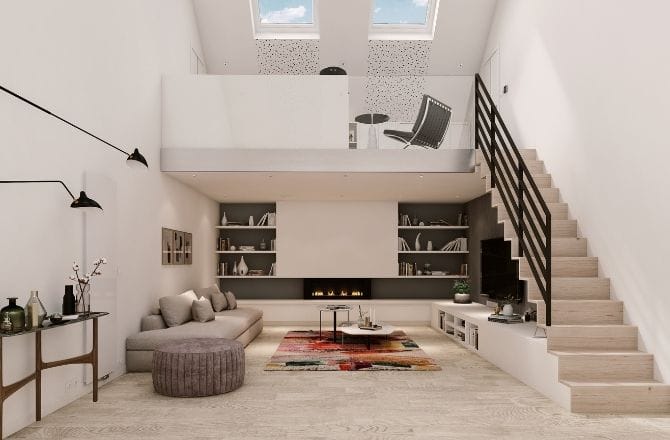 Idée 1 : Des combles aménagés en salon cathédrale avec coin bureau 