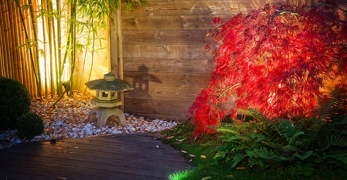 Eclairage tamisé d’un jardin zen