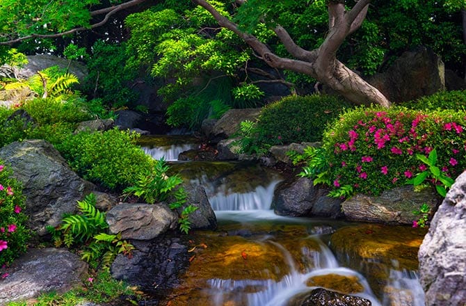 Une chute d’eau bornée de grosses pierres dans un jardin japonais