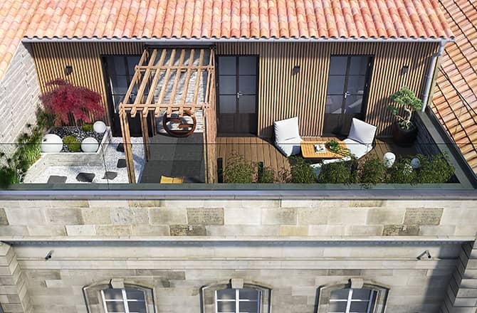 Une terrasse zen dans un immeuble