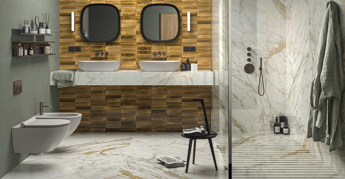 carrelage grand format en total look murs et sol y compris dans la douche à l’italienne