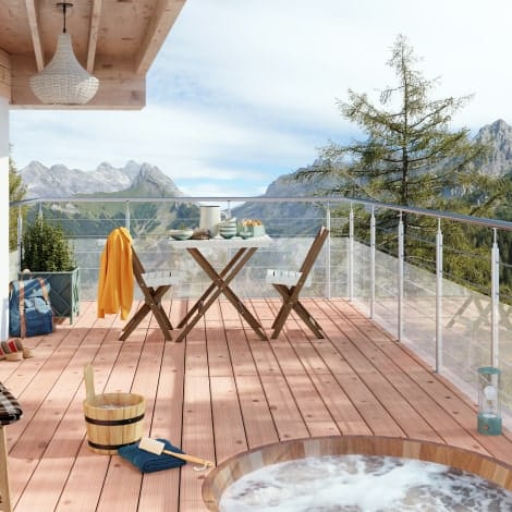 Terrasse bois profil Galbe en Douglas traité classe 3.1 coloris Rose